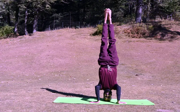 An Utkrisht Yoga coach holding a headstand on a lawn in Himachal